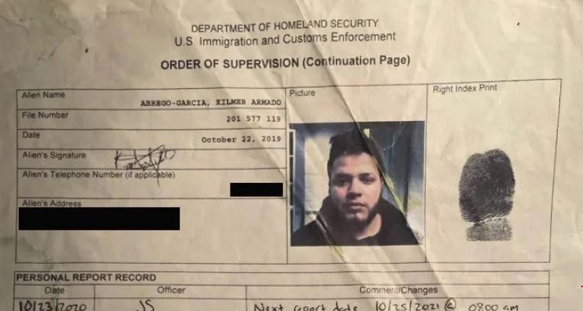 DEPARTMENT OF HOMELAND SECURITY U.S. Immigration and Customs Enforcement document ORDER OF SUPERVISION (Continuation Page), with photo, signature and fingerprint of Kilmar Ábrego García
