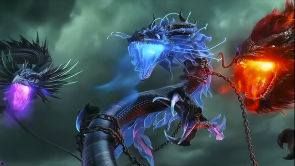 Blue, purple and red dragons breathing fire against a stormy sky in a scene from NE ZHA 2