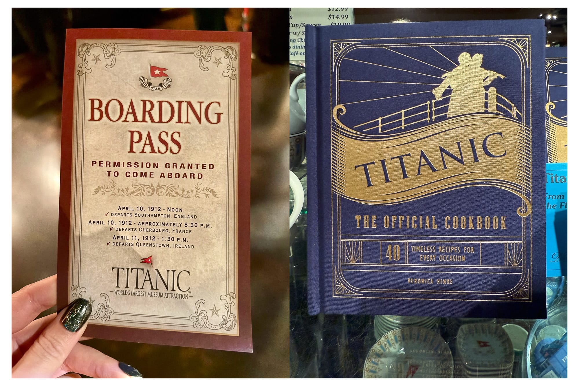 Left: image of the boarding pass. Right: TITANIC: The Official Cookbook (40 Timeless Recipes for Every Occasion)