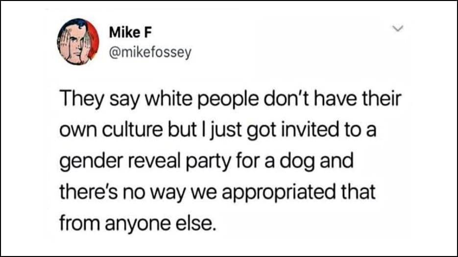 Mike F @mikefossey - They say white people don't have their own culture but I just got invited to a gender reveal party for a dog and there's no way we appropriated that from anyone else.