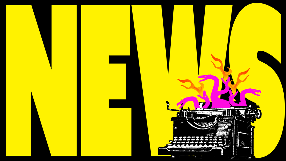 Big giant screaming yellow NEWS letters and an old mechanical typewriter in foreground filled with Flaming Hydras
