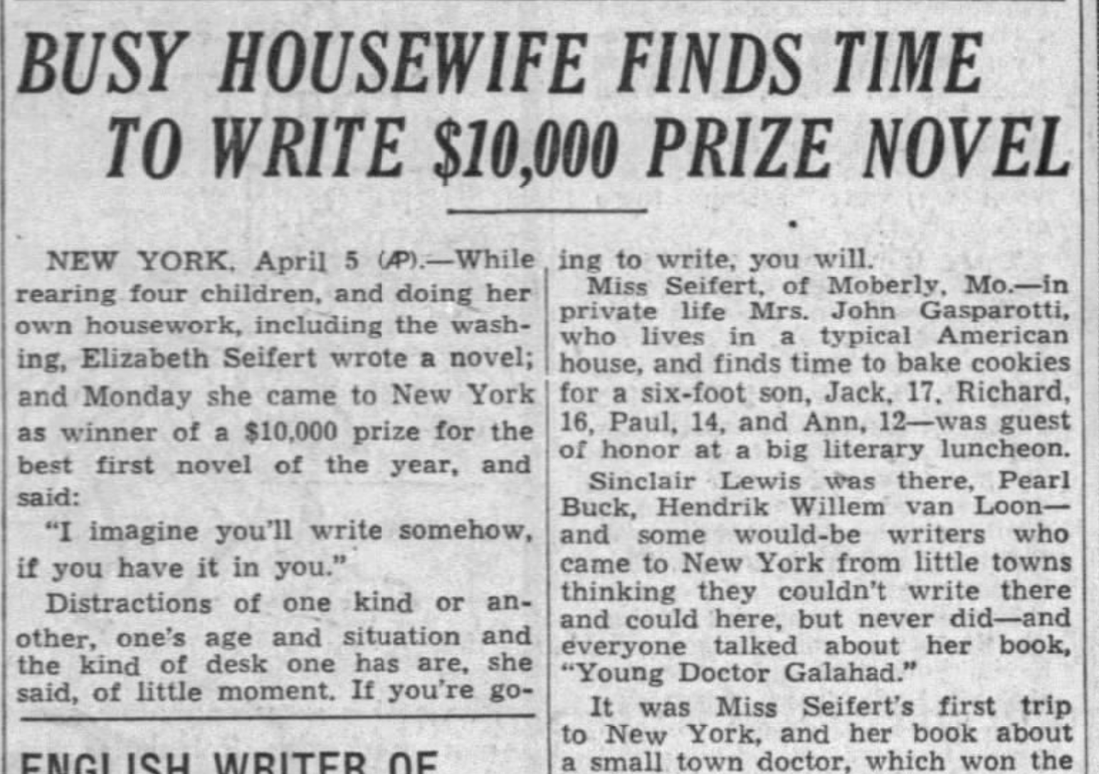 “Busy Housewife Finds Time to Write $10,000 Prize Novel,” while "rearing four children, and doing her own housework, including the washing.”  Mrs. B.U.S.Y. Housewife, illustrated by a businesslike-looking cartoon lady, "finds Leisure Time, Joy and Happiness When Her Kitchen is Equipped with an Electric or Gas Range"  Mrs. B.U.S.Y. Housewife finds Leisure Time, Joy and Happiness When Her Kitchen is Equipped with an Electric or Gas Range Drudgery Days are Then Over-No Fires to Keep on--No Scorching Hot Kitchen to Toil in-No Dirt, Ashes and Smoke to Contend With. If You Are Interested in Modernizing Your Kitchen and Saving Time, Money and Work by Installing a Modern Electric or Gas Range, Just Phone 900 Owen Sound Public Utilities Commission If Your Dealer Cannot Supply Your Requirements Your Utilities Commission Can.