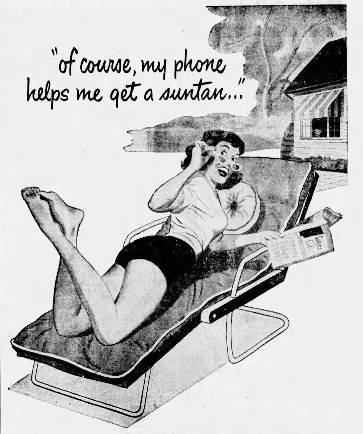 Buxom woman on lawn chair lowers sunglasses and looks back toward viewer: "of course, my phone helps me get a get a suntan...