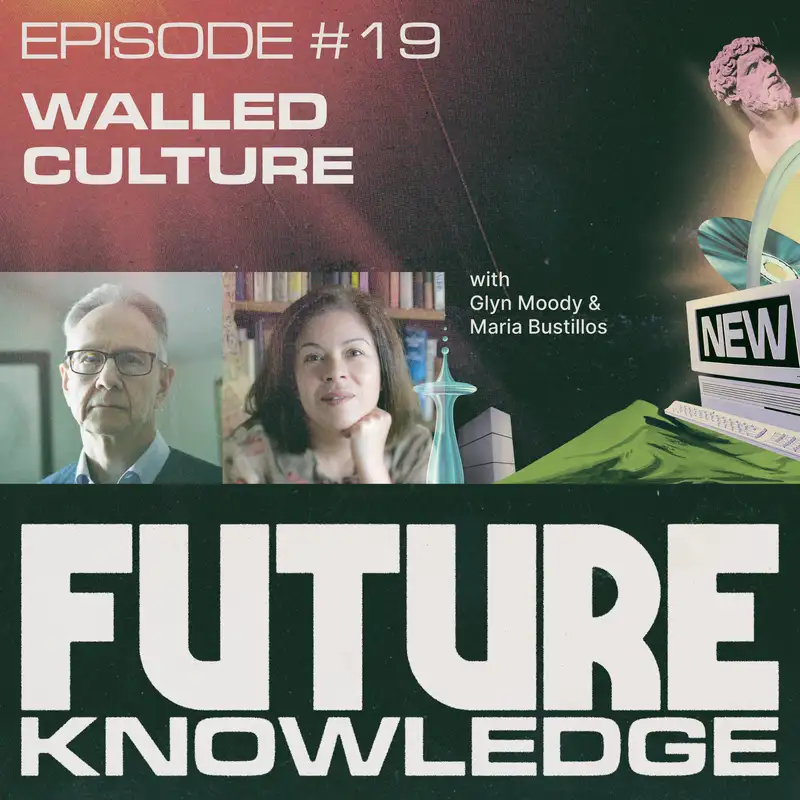 Glyn Moody (WALLED CULTURE) and Maria Bustillos photographed wth promo photo for Episode #19 of FUTURE KNOWLEDGE