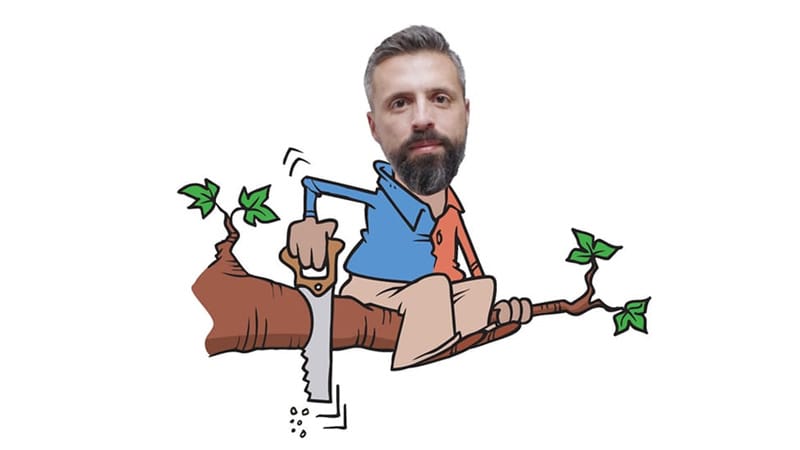Caricature illustration of Ezra Klein sawing through the branch he is sitting on