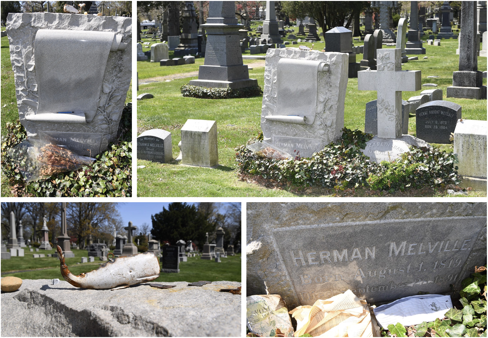 Melville's grave with a blank granite scroll. Atop the headstone, along with pennies and rocks, a rusting metal white whale pendant placed by a visitor, and a pencil tucked in the scroll.