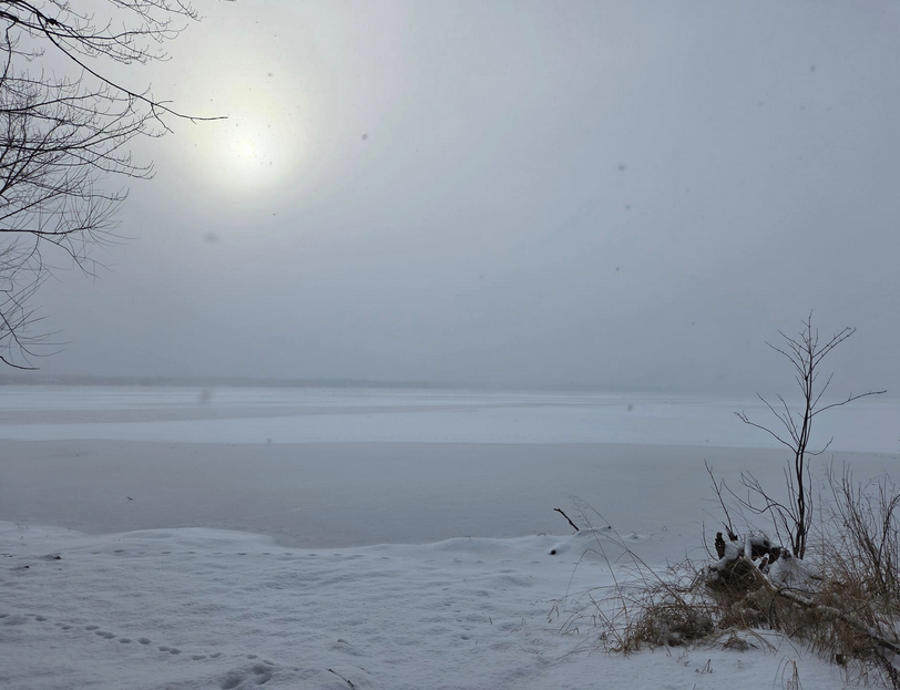 Barren, frozen winter scene with a cold frosty sun in a cloudy sky