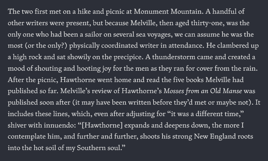 The two first met on a hike and picnic at Monument Mountain. A handful of other writers were present, but because Melville, then aged thirty-one, was the only one who had been a sailor on several sea voyages, we can assume he was the most (or the only?) physically coordinated writer in attendance. He clambered up a high rock and sat showily on the precipice. A thunderstorm came and created a mood of shouting and hooting joy for the men as they ran for cover from the rain. After the picnic, Hawthorne went home and read the five books Melville had published so far. Melville’s review of Hawthorne’s Mosses from an Old Manse was published soon after (it may have been written before they’d met or maybe not). It includes these lines, which, even after adjusting for “it was a different time,” shiver with innuendo: “[Hawthorne] expands and deepens down, the more I contemplate him, and further and further, shoots his strong New England roots into the hot soil of my Southern soul.”