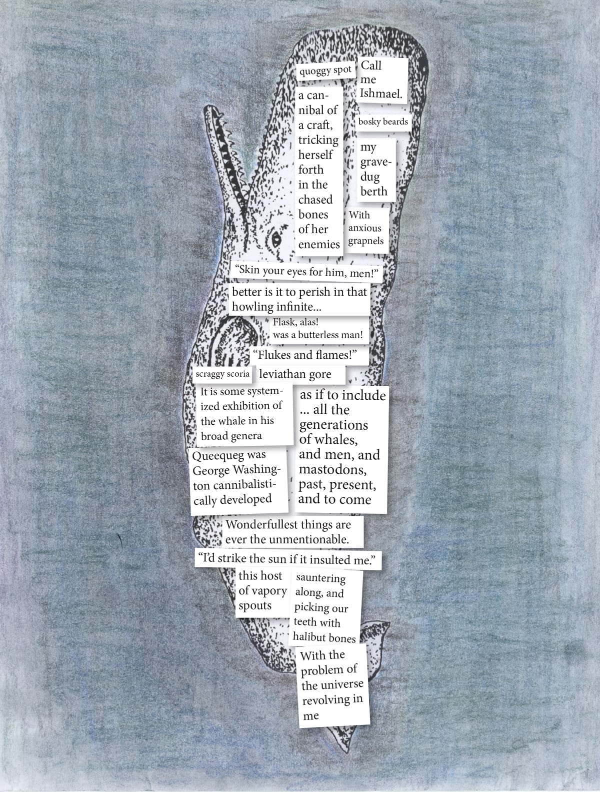 A public domain illustration of a sperm whale on a background of blurred pastel dark blues, grays, greens and violets, collaged with quotes from the novel, MOBY-DICK