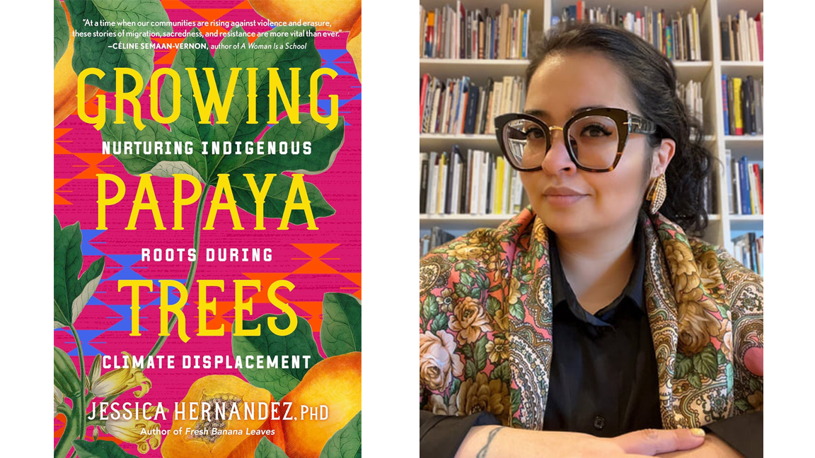 Cover of book "Growing Papaya Trees: Nurturing Indigenous Roots During Climate Displacement" and photo of author