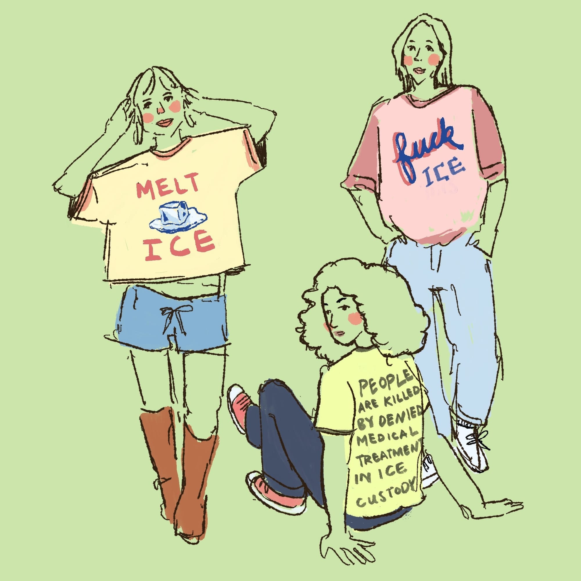 T-shirts with block-lettered slogans: MELT ICE (with picture of ice cube), fuck (in script) ICE, and PEOPLE ARE KILLED BY DENIED MEDICAL TREATMENT IN ICE CUSTODY