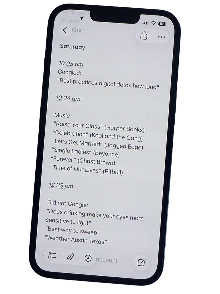 Phone showing diary (text below)