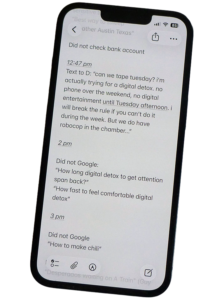 Phone showing diary (text below)