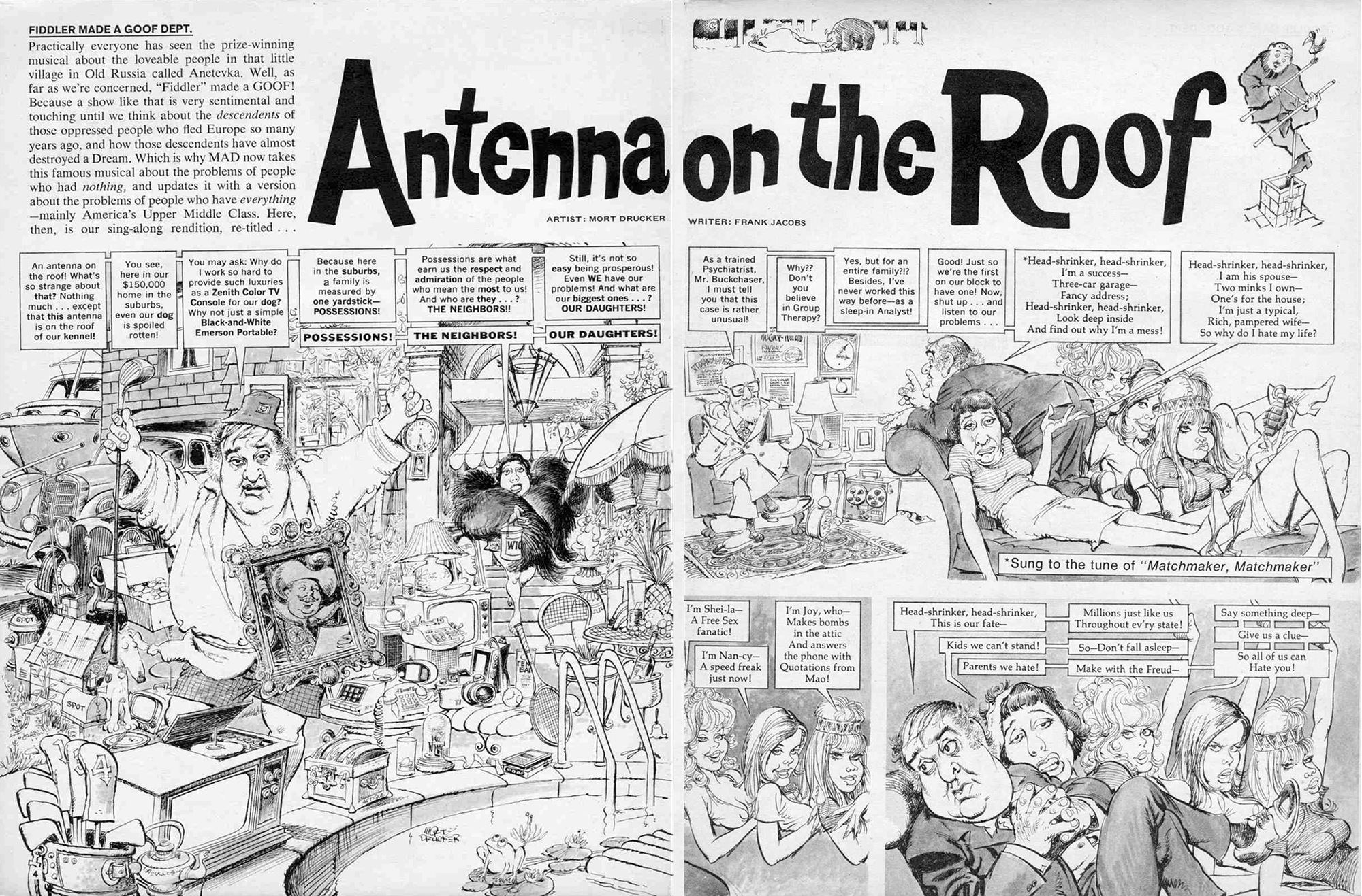 Opening spread of "Antenna on the Roof" ARTIST: MORT DRUCKER, WRITER: FRANK JACOBS