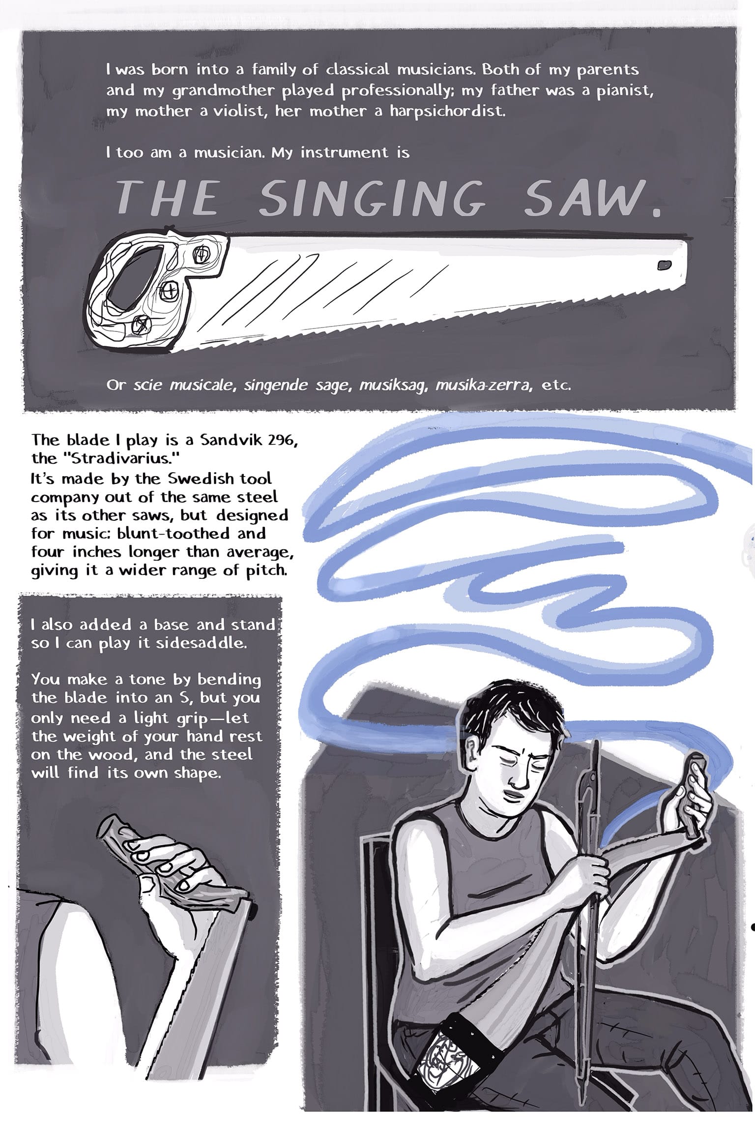 1: All-text panel. Narration against a grey background: I was born into a family of classical musicians. Both of my parents and my grandmother played professionally; my father was a pianist, my mother a violist, her mother a harpsichordist. I too am a musician. My instrument is THE SINGING SAW. Or scie musicale, Singende Sӓge, musiksåg, musika zerra, etc. 2: The narrator's left hand, drawn in tones of grey, holding the handle or "cheat" that screws into the hole at the top of the saw. Narration: The blade I play is a Sandvik 296, the "Stradivarius." It's made by the Swedish tool company out of the same steel as its other saws, but designed for music: blunt-toothed and four inches longer than average, giving it a wider range of pitch. I also added a base and stand so l can play it sidesaddle. You make a tone by bending the blade into an S, but you only need a light grip - let the weight of your hand rest on the wood, and the steel will find its own shape. 3: The narrator, SI, plays the saw. She's white with close-cropped salt-and-pepper hair, wearing a sleeveless top and jeans. The saw rests on its stand wedged against her outer right leg as she sits in a chair; her left hand bends the saw while she bows the flat edge with her right, holding a German bass-fiddle bow. Her eyes are closed, her lips slightly open. The art is all in grey, but electric-blue lines of sound unfurl like a ribbon over her head.