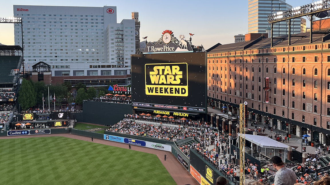 Big screen at stadium with STAR WARS logo