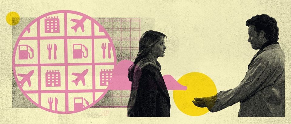 stylized image in pink, grey and gold of a still from the film 'Sleepless in Seattle'