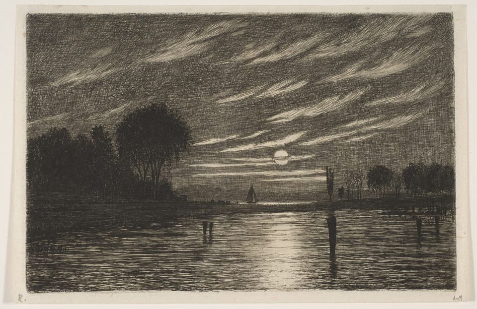 Etching of Little Hell Gate, New York, with darkened trees on either side of moonlit water, a sailboat in the distance