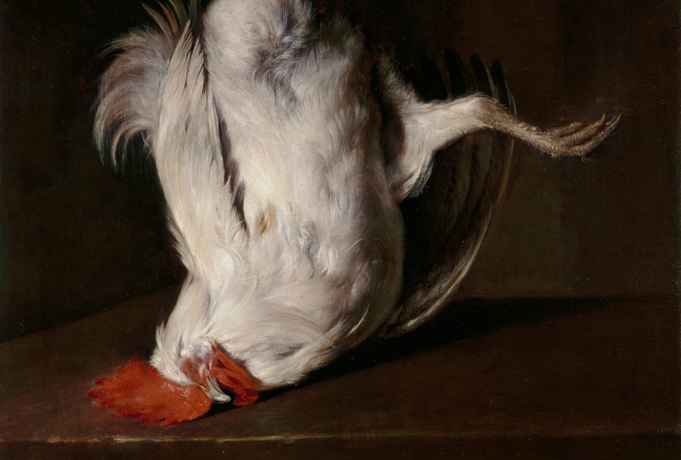 Dead Cock (1650) by Gabriël Metsu, a weirdly gorgeous painting of a dead rooster hanging by one leg from a cord