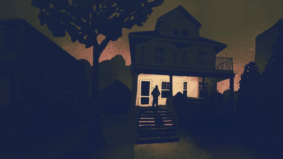 A dark night; a figure, seen from behind, stands on a residential porch. a light glows from behind the house.