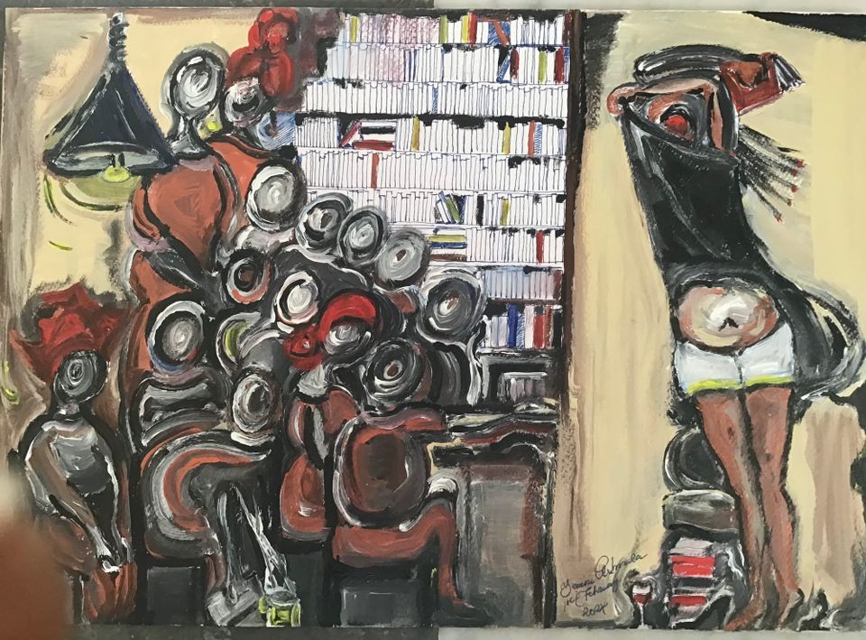 an abstract painting of swirled beings massed before a performer, lifting a shirt up to reveal white underdrawers and a belly