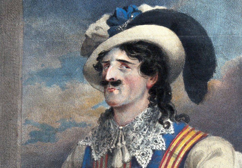 Tragedian Charles Mayne Young as Iago, dressed as a Venetian nobleman in lace collar, plumed hat and sneaky expression 