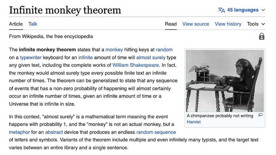 Wikipedia INFINITE MONKEY THEOREM "monkey hitting keys at random on a typewriter keyboard for an infinite amount of time...”