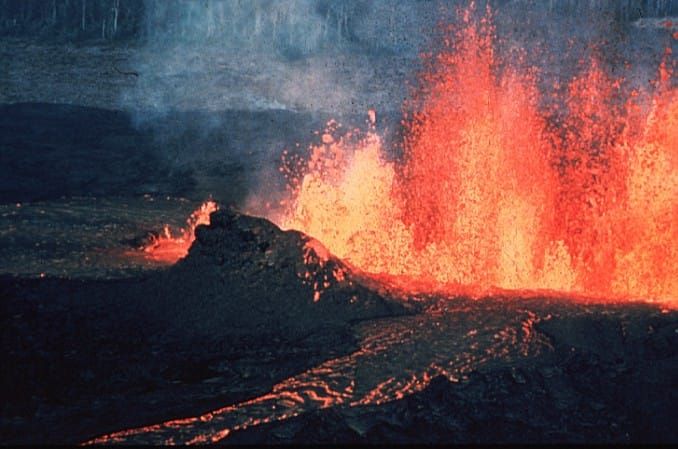 National Park Service photo, 2004, of a spectacular nighttime volcanic eruption in Hawaii