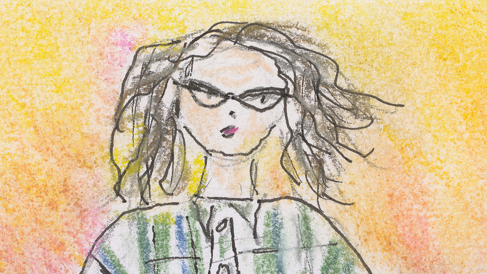 A colorful illustration of a bespectacled Shirley Jackson in a plaid blouse on a warm gold and red background