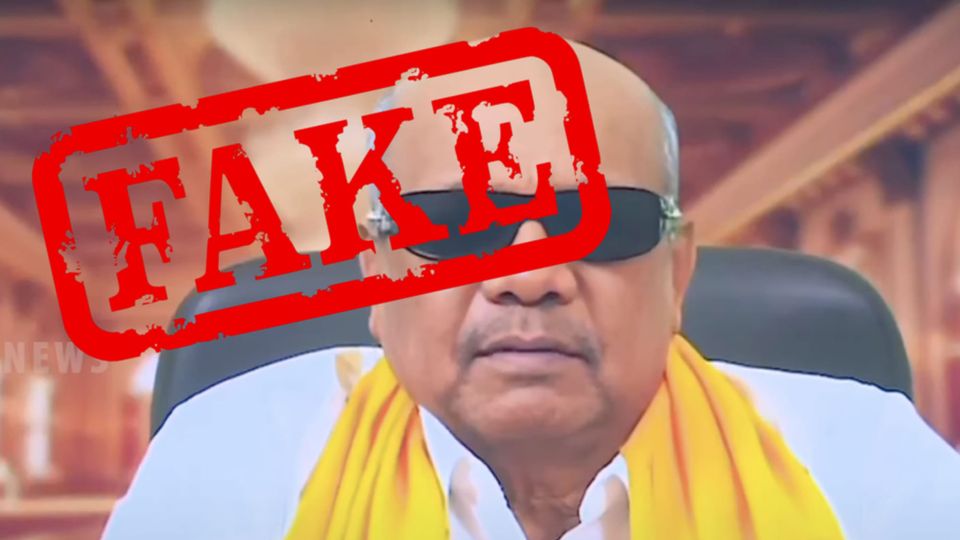 Screengrab of AI reproduction of the late M Karunanidhi, leader of the Dravida Munnetra Kazhagam party