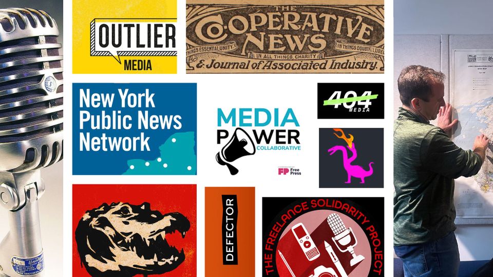 A bright collage of images and logos of and about collective media 