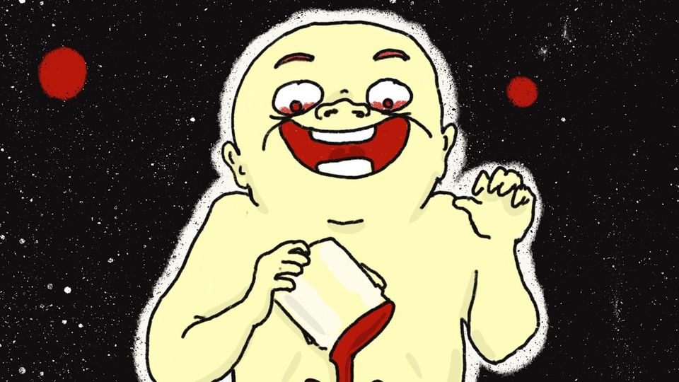 A demonic baby-looking evil genius suspended in space, upending a can of red paint over the Earth