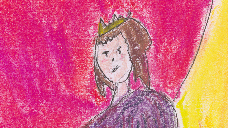 A brightly colored illustration of a grouchy girl in a golden crown