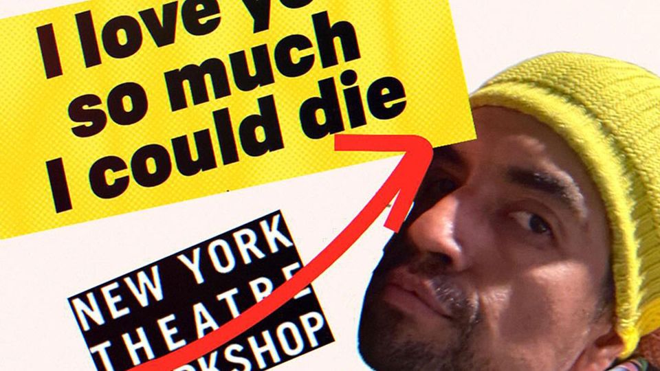 "I love  you so much I could die," the NYTW logo, a red arrow, and Victor I. Cazares in a yellow knit beanie