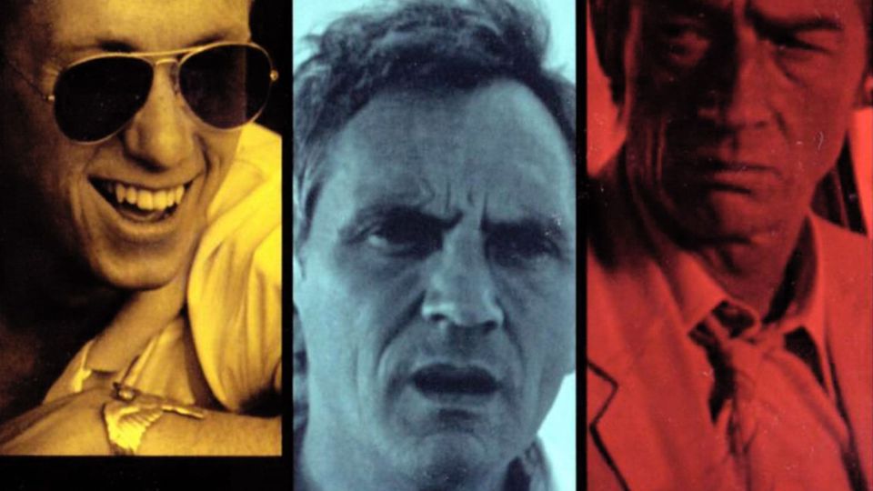 Cover image from The Hit (1984) shows Tim Roth in aviator sunglasses, a concerned Terence Stam, and a grim John Hurt
