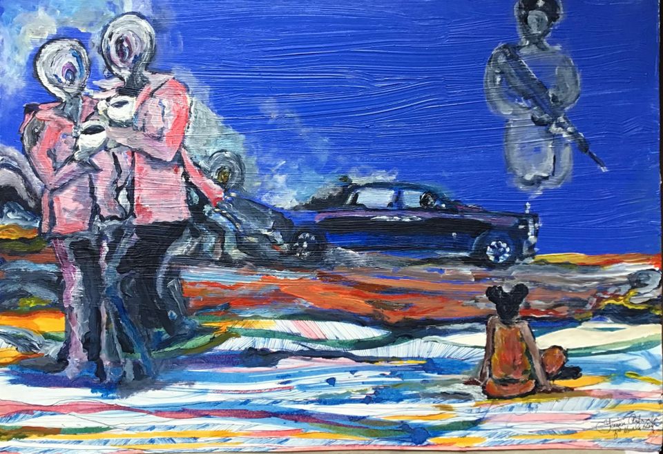 Vivid, dreamy vista: A couple in pink having coffee, a Rolls-Royce, a seated girl the conjuring the  titular policeman