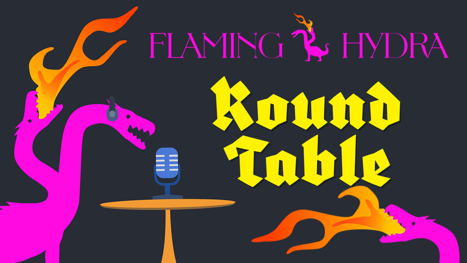 Illustration of some hot pink flaming Hydras around a round table doing a podcast