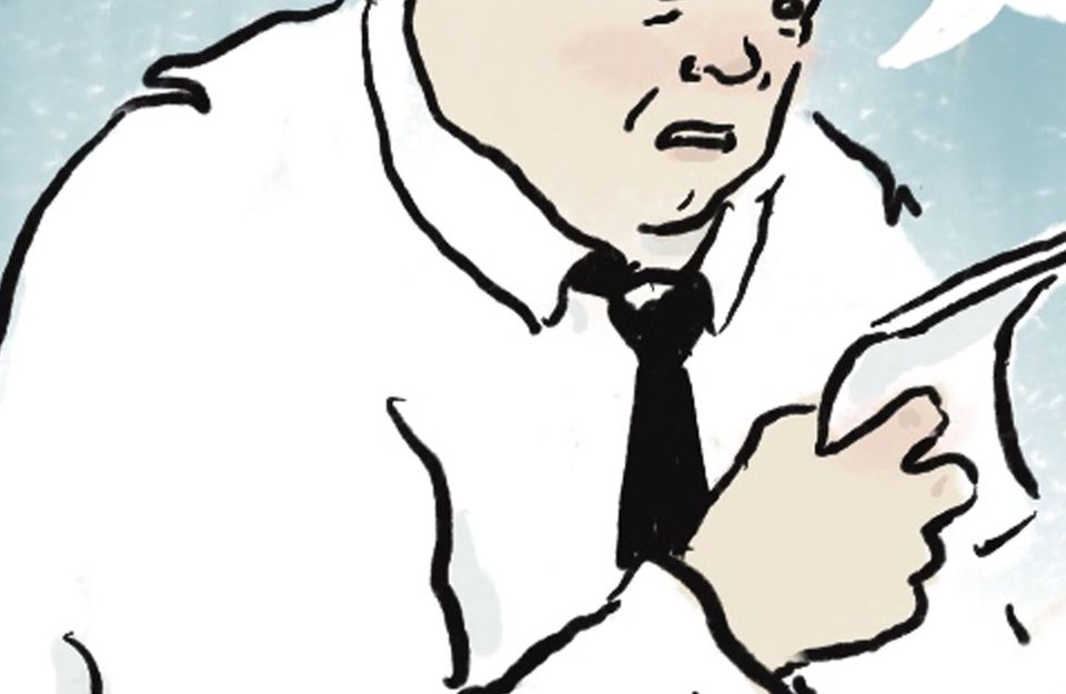 Drawing of a dismayed gentleman in shirtsleeves and a loosened tie, reading an evidently appalling missive