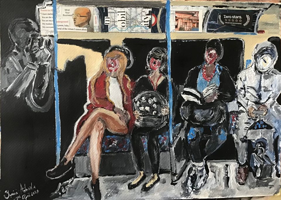 A painting abstract, swirly people seated in a subway car. 