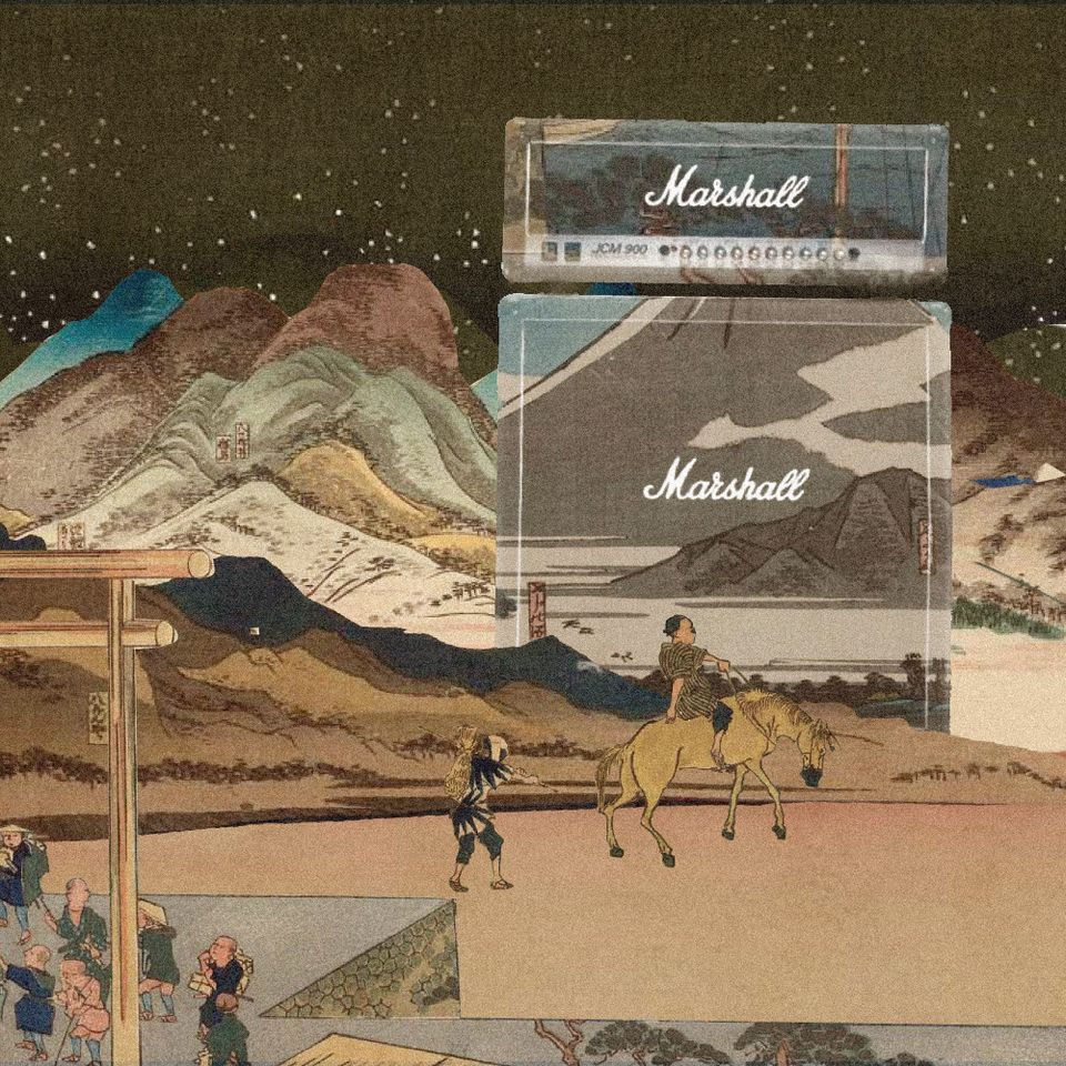 The fantasy cover of 'Pinkerton 2,' with a giant transparent Marshall amp overlooking a 19th-century Japanese scene