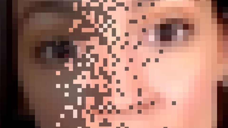 A public domain photo of U.S. Rep. Alexandra Ocasio-Cortez, pixillated and shaded to indicate digital manipulation