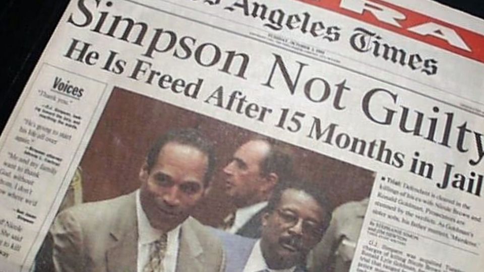 front page of Los Angeles Times Extra, October 3, 1995, headline reads Simpson Not Guilty: He is freed after 15 months in j