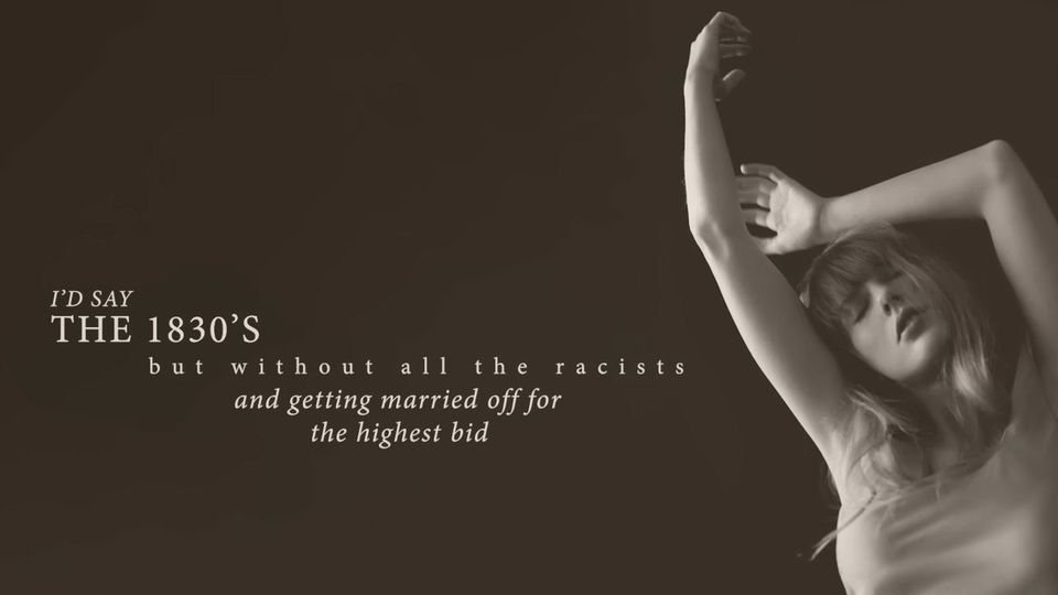 Still from video of Taylor Swift's 'I Hate It Here' video, including lyrics