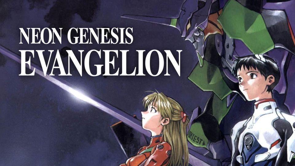 Neon Genesis Evangelion logo against a night sky, with teen pilots Asuka and Shinji in flight suits, with mecha EVA-01