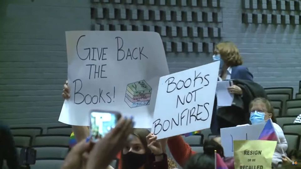 Screenshot from a news clip of a public hearing on book banning in Virginia