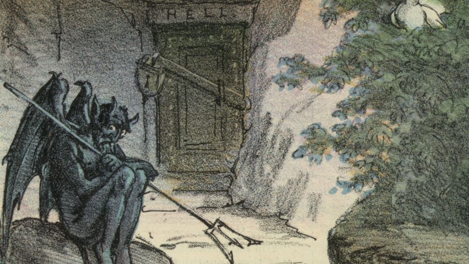 Detail from ‘Sheol’, Joseph Ferdinand Kepler (1889), shows a disappointed Satan at the locked door to Hell
