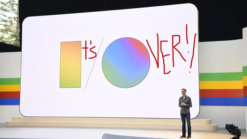 Google chief Sundar Pichai before a massive white screen altered to read "It's Over!!"