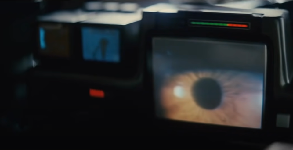 The Voight-Kampff test: Screens and readouts, one has a close-up of an iris. An eerie screencap from the movie Blade Runner