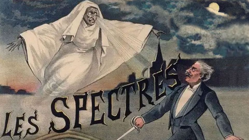 Detail from 1919 Robert-Houdin magic show poster; a floating spectre with witchlike features, evil-eyeing man with sword