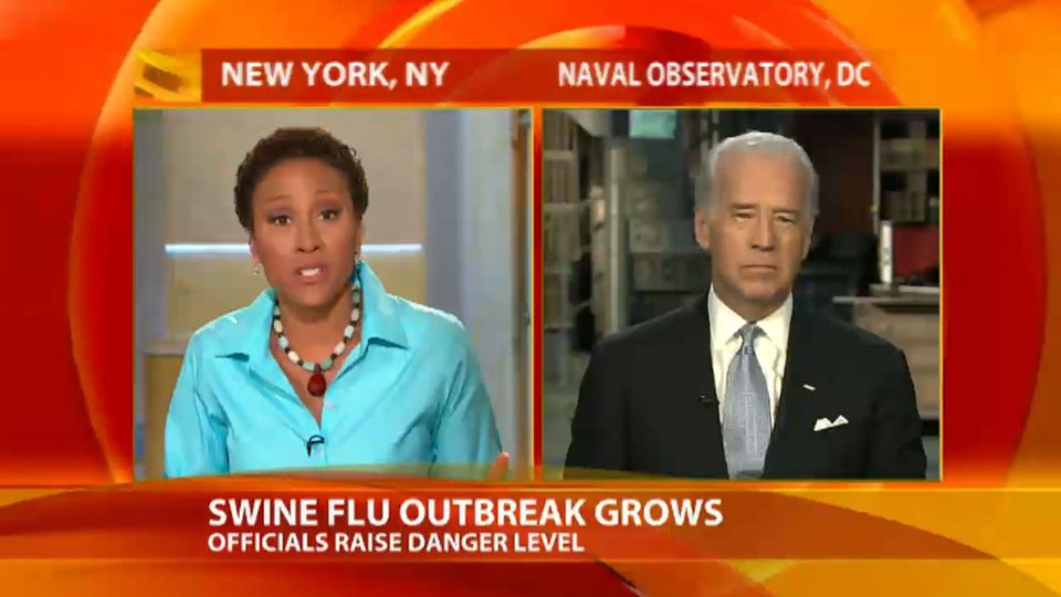 Detail from 2009 news clip of Vice President Joe Biden reporting on government guidance on H1N1 flu